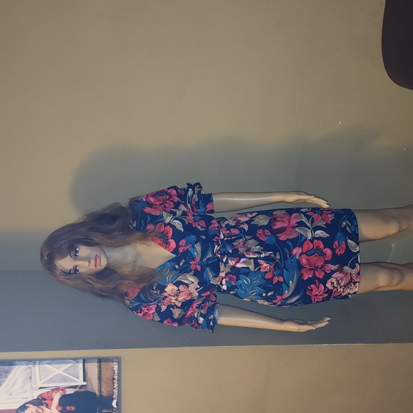 Floral Print, Self-Tie Sash, Mini Dress, Small, Navy - Picture 3 of 8